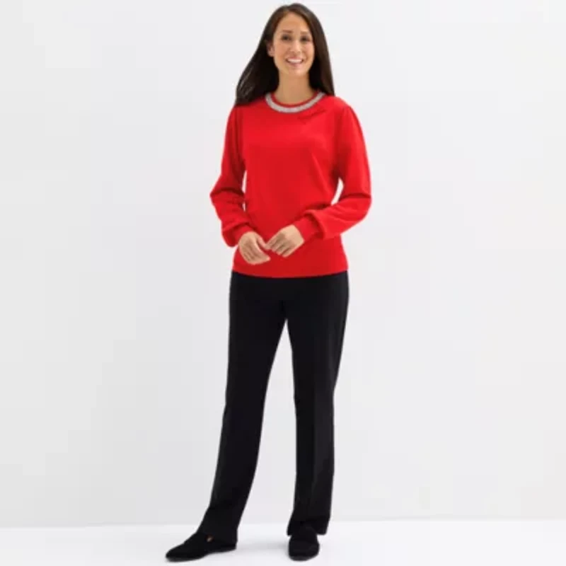 Liz Claiborne Womens Crew Neck Embellished Long Sleeve Pullover Sweater