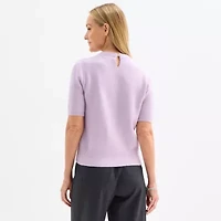 Liz Claiborne Womens Crew Neck Embellished Short Sleeve Pullover Sweater