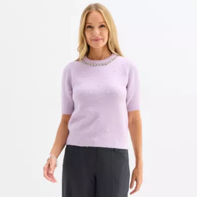Liz Claiborne Womens Crew Neck Embellished Short Sleeve Pullover Sweater
