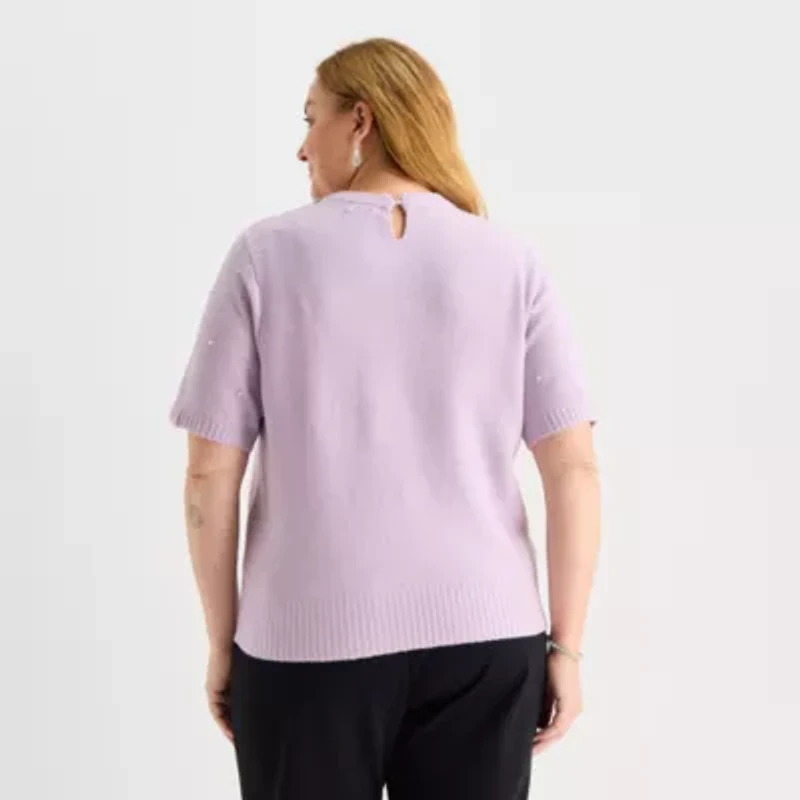 Liz Claiborne Plus Womens Crew Neck Embellished Short Sleeve Pullover Sweater