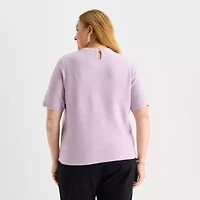 Liz Claiborne Plus Womens Crew Neck Embellished Short Sleeve Pullover Sweater