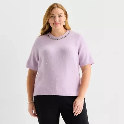 Liz Claiborne Plus Womens Crew Neck Embellished Short Sleeve Pullover Sweater