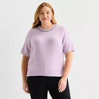 Liz Claiborne Plus Womens Crew Neck Embellished Short Sleeve Pullover Sweater
