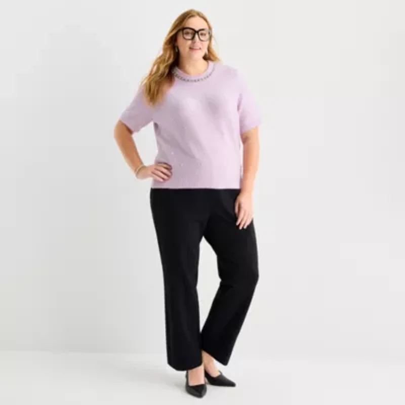 Liz Claiborne Plus Womens Crew Neck Embellished Short Sleeve Pullover Sweater