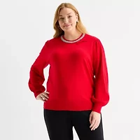 Liz Claiborne Plus Womens Crew Neck Embellished Long Sleeve Pullover Sweater