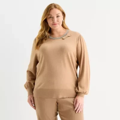 Liz Claiborne Plus Womens Crew Neck Embellished Long Sleeve Pullover Sweater