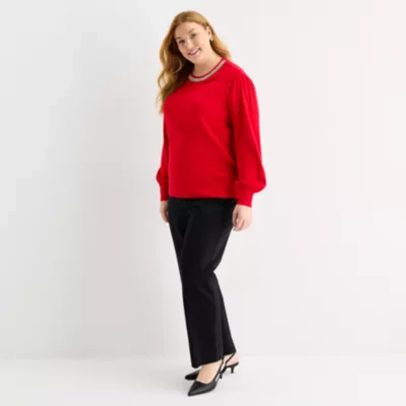 Liz Claiborne Plus Womens Crew Neck Embellished Long Sleeve Pullover Sweater