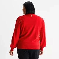 Liz Claiborne Plus Womens Crew Neck Embellished Long Sleeve Pullover Sweater