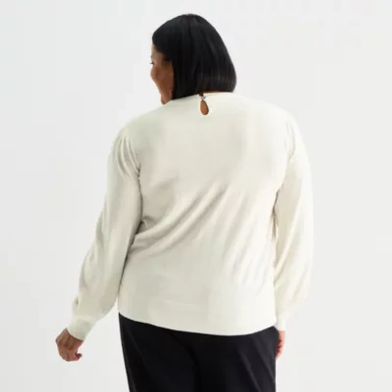 Liz Claiborne Plus Womens Crew Neck Embellished Long Sleeve Pullover Sweater