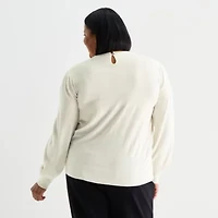 Liz Claiborne Plus Womens Crew Neck Embellished Long Sleeve Pullover Sweater