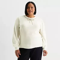 Liz Claiborne Plus Womens Crew Neck Embellished Long Sleeve Pullover Sweater
