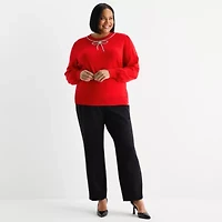 Liz Claiborne Plus Womens Crew Neck Embellished Long Sleeve Pullover Sweater