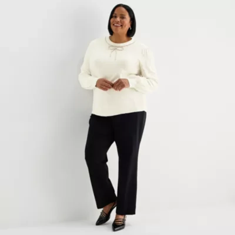 Liz Claiborne Plus Womens Crew Neck Embellished Long Sleeve Pullover Sweater