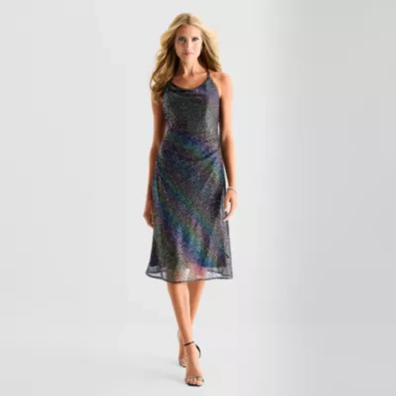 Bob Mackie Womens Sleeveless Sequin Midi A-Line Dress