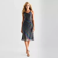 Bob Mackie Womens Sleeveless Sequin Midi A-Line Dress