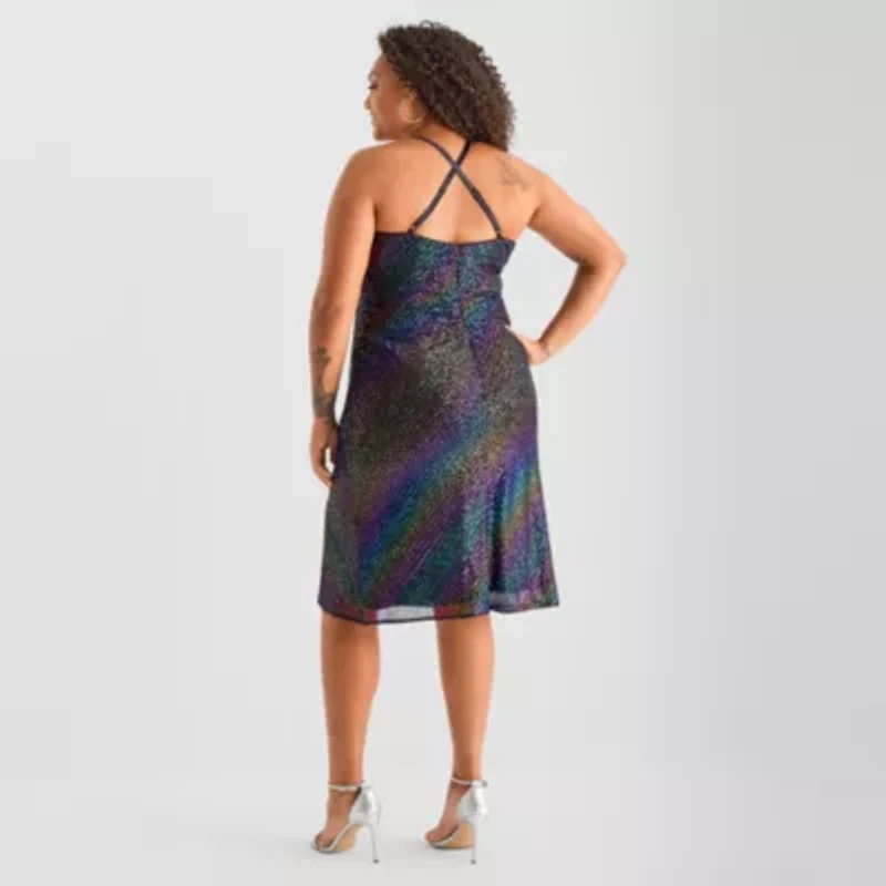 Bob Mackie Womens Plus Sleeveless Sequin Midi A-Line Dress