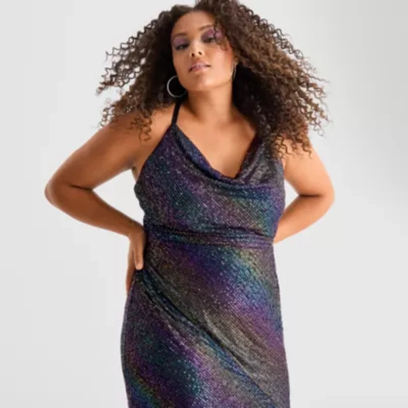 Bob Mackie Womens Plus Sleeveless Sequin Midi A-Line Dress