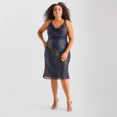 Bob Mackie Womens Plus Sleeveless Sequin Midi A-Line Dress
