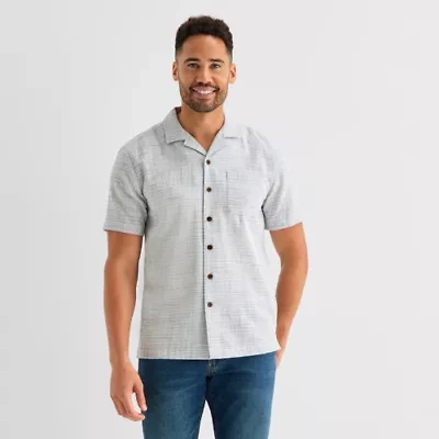 St. John's Bay Stripe-Button Down Mens Short Sleeve Camp Shirt