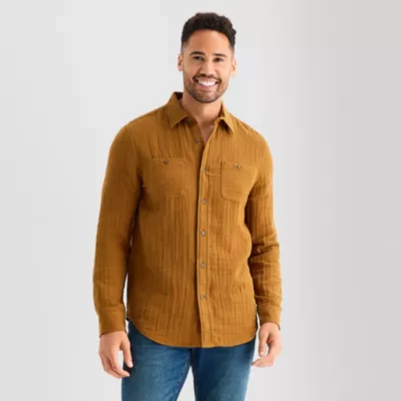 St. John's Bay Double Cloth Mens Long Sleeve Classic Fit Button-Down Shirt