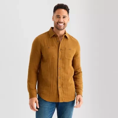 St. John's Bay Double Cloth Mens Long Sleeve Classic Fit Button-Down Shirt