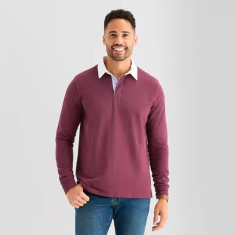 St. John's Bay French Terry Rugby Mens Classic Fit Long Sleeve Polo Shirt