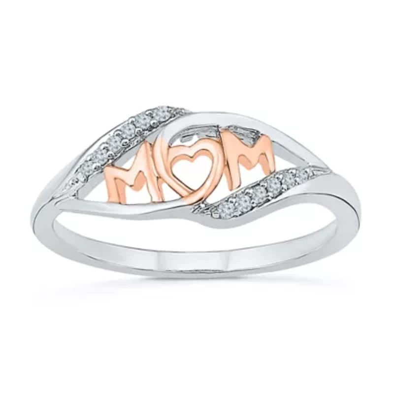 "Mom" Womens 2MM Diamond Accent Natural White 10K Gold Heart Band