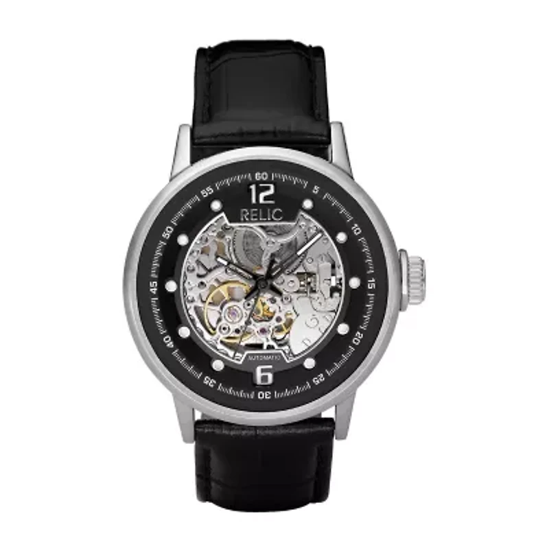 Relic By Fossil Mens Automatic Black Leather Strap Watch Zr77224