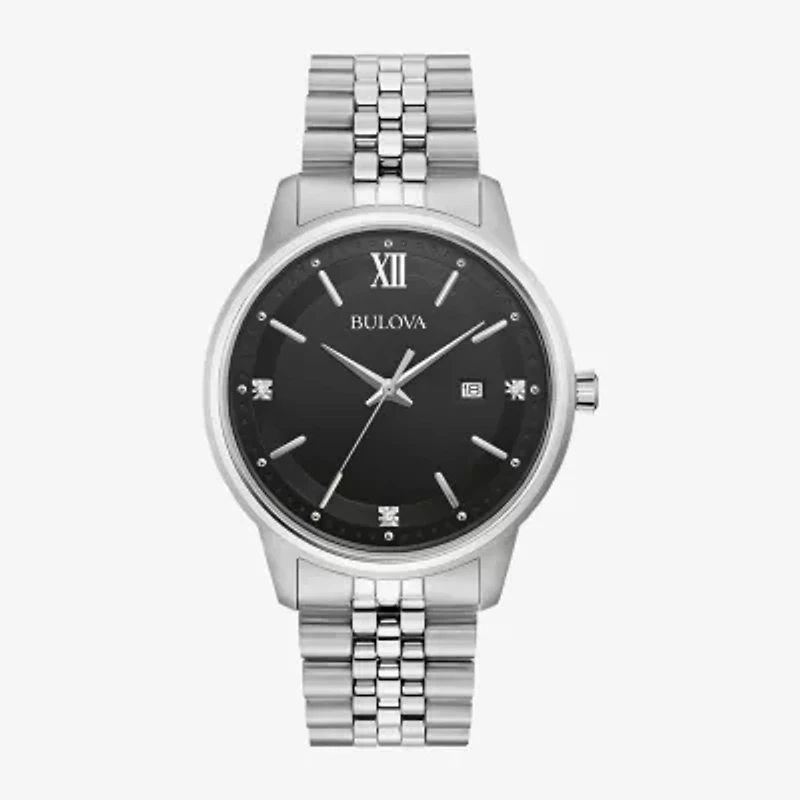Bulova Classic Mens Diamond Accent Silver Tone Stainless Steel Bracelet Watch 96d151