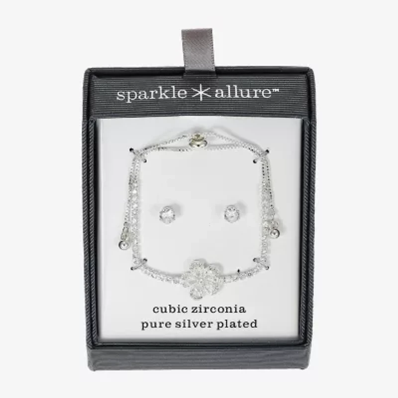 Sparkle Allure Womens Cubic Zirconia Pure Silver Over Brass Flower 2-pc. Jewelry Set