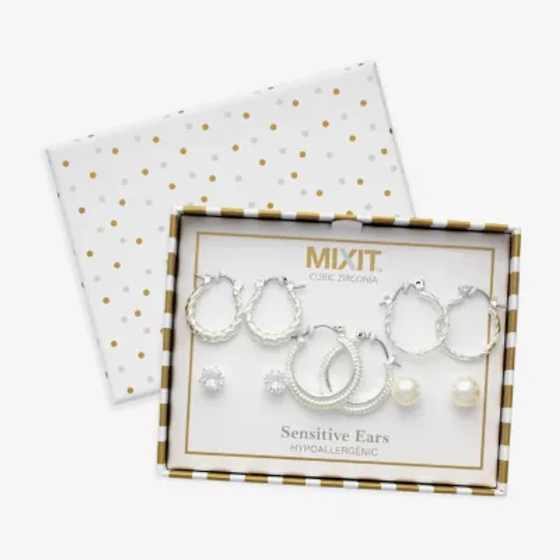 Mixit Womens Simulated Pearl Stainless Steel Round Hypoallergenic 5 Pair Earring Set