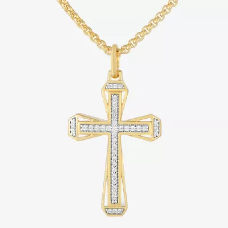Mens 1/5 CT. Natural White Diamond 14K Gold Over Silver Cross 22 Inch Pendant Necklace