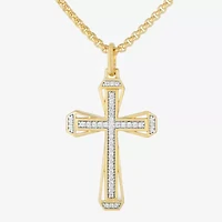 Mens 1/5 CT. Natural White Diamond 14K Gold Over Silver Cross 22 Inch Pendant Necklace