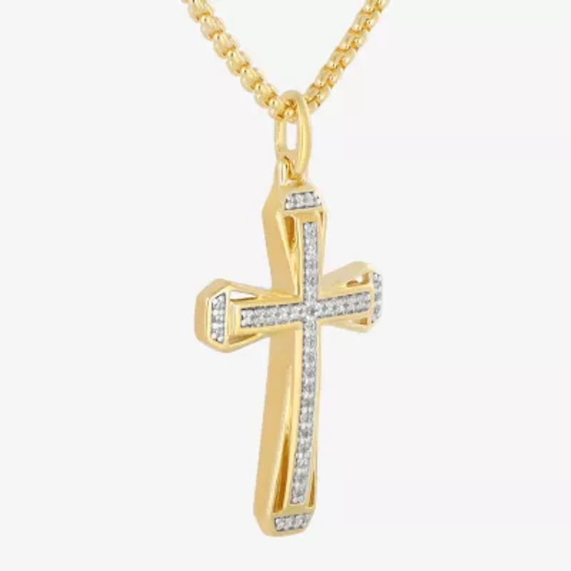 Mens 1/5 CT. Natural White Diamond 14K Gold Over Silver Cross 22 Inch Pendant Necklace
