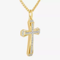 Mens 1/5 CT. Natural White Diamond 14K Gold Over Silver Cross 22 Inch Pendant Necklace