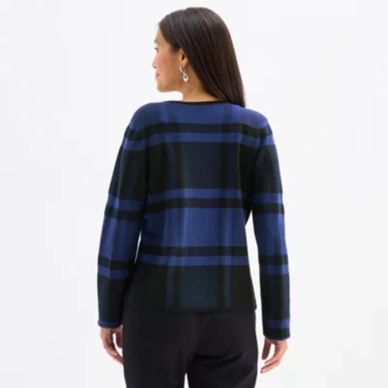Liz Claiborne Womens V Neck Long Sleeve Open Front Plaid Cardigan