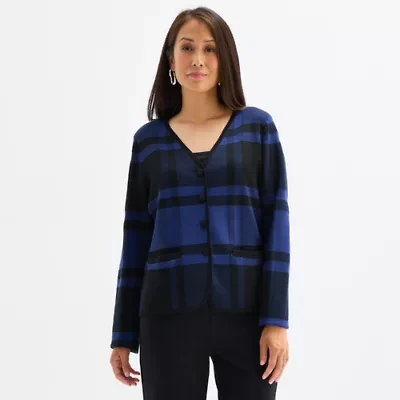 Liz Claiborne Womens Long Sleeve Open Front Plaid Cardigan