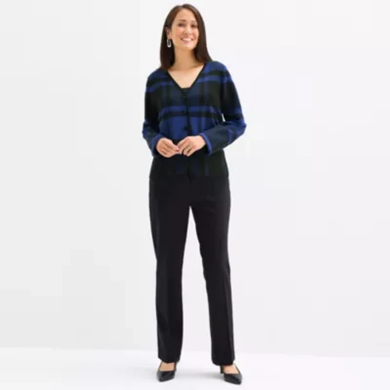 Liz Claiborne Womens V Neck Long Sleeve Open Front Plaid Cardigan