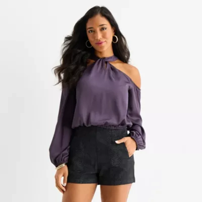 Bold Elements Womens Mock Neck Long Sleeve Satin Blouse