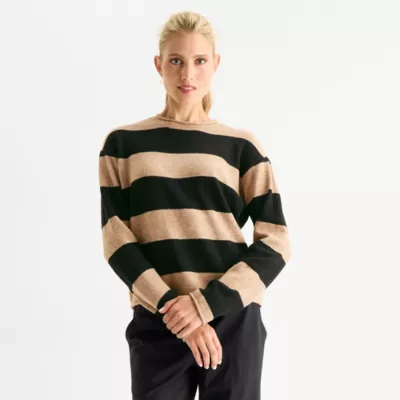 Stylus Womens Crew Neck Long Sleeve Striped Pullover Sweater