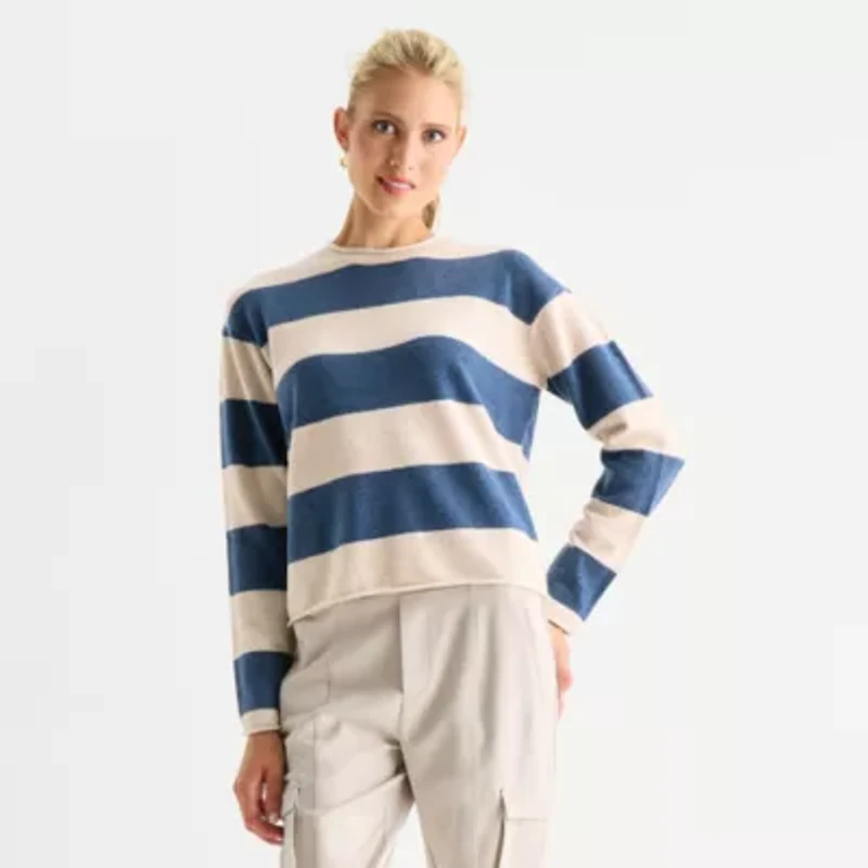Stylus Womens Crew Neck Long Sleeve Striped Pullover Sweater