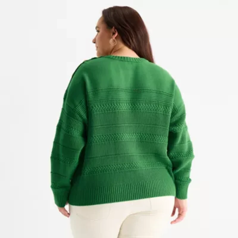 St. John's Bay Womens Crew Neck Long Sleeve Plus Cable Knit Cardigan
