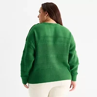 St. John's Bay Womens Crew Neck Long Sleeve Plus Cable Knit Cardigan