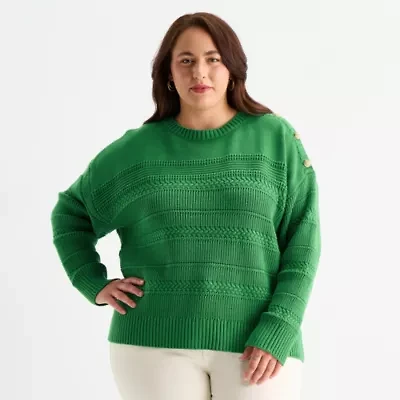 St. John's Bay Womens Crew Neck Long Sleeve Plus Cable Knit Cardigan