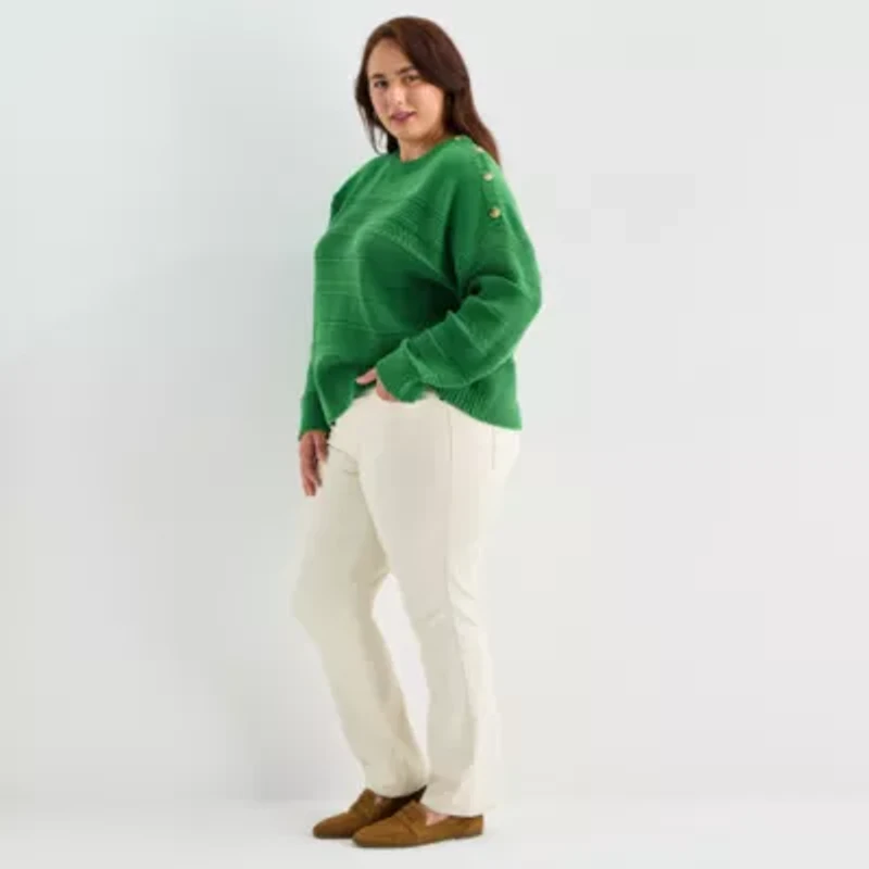 St. John's Bay Womens Crew Neck Long Sleeve Plus Cable Knit Cardigan