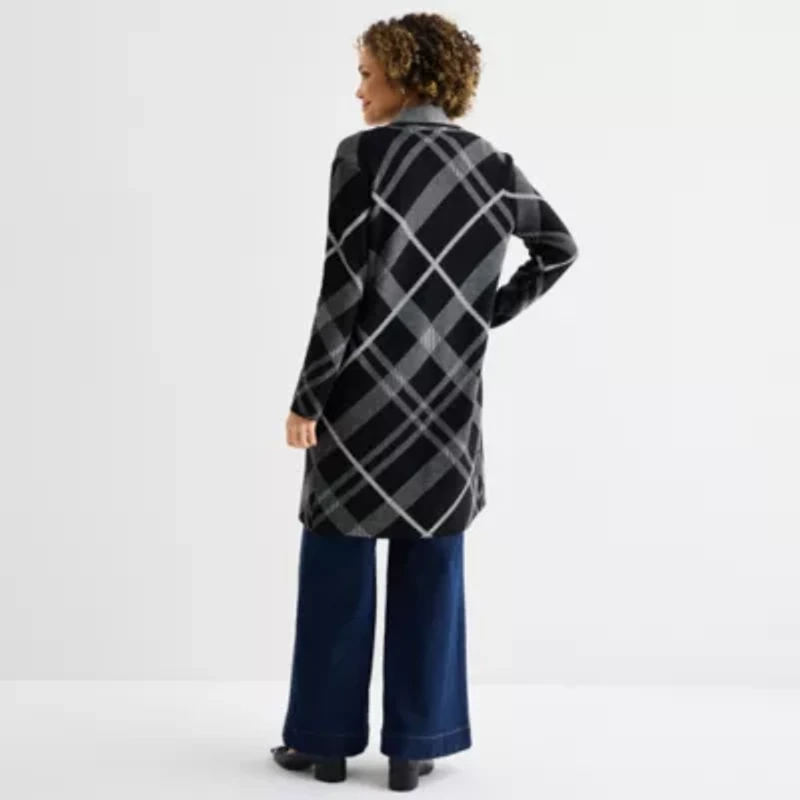 Liz Claiborne Womens Long Sleeve Open Front Tall Plaid Cardigan