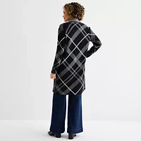 Liz Claiborne Womens Long Sleeve Open Front Tall Plaid Cardigan
