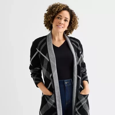 Liz Claiborne Womens Long Sleeve Open Front Tall Plaid Cardigan