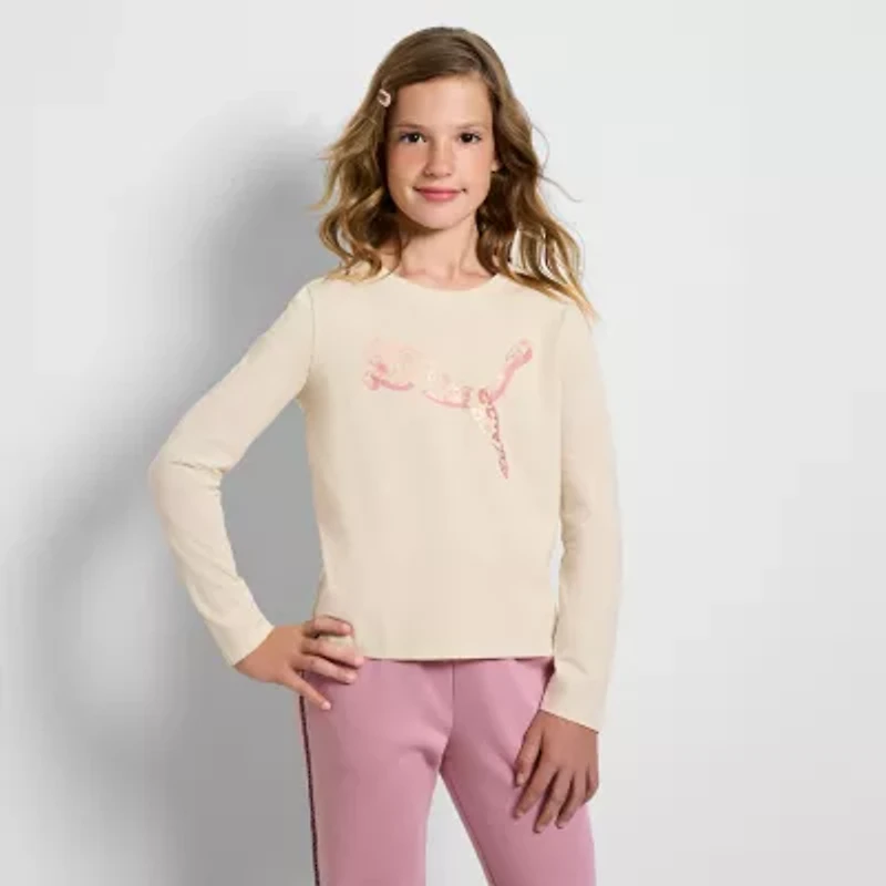 PUMA Big Kid Girls Crew Neck Long Sleeve Graphic T-Shirt
