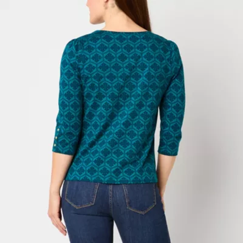 Liz Claiborne Womens Keyhole Neck 3/4 Sleeve Blouse